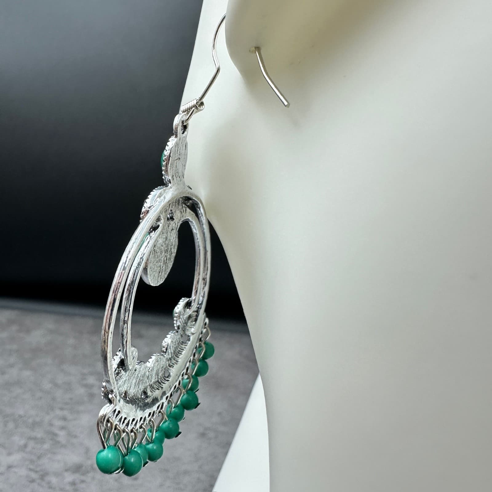 Paparazzi Green Oval & Bead Fringe Silver-Tone Boho Statement Earrings - Thumbnail 6