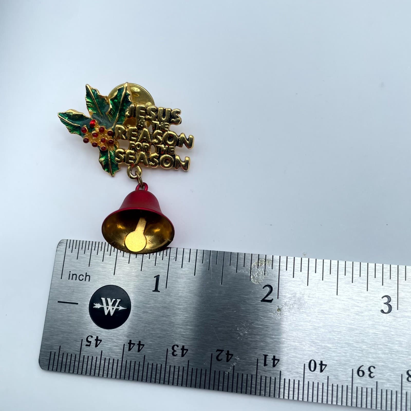 VTG Gold-Tone Holly Leaves Red Bell "Jesus is the Reason for the Season" Brooch - Thumbnail 3