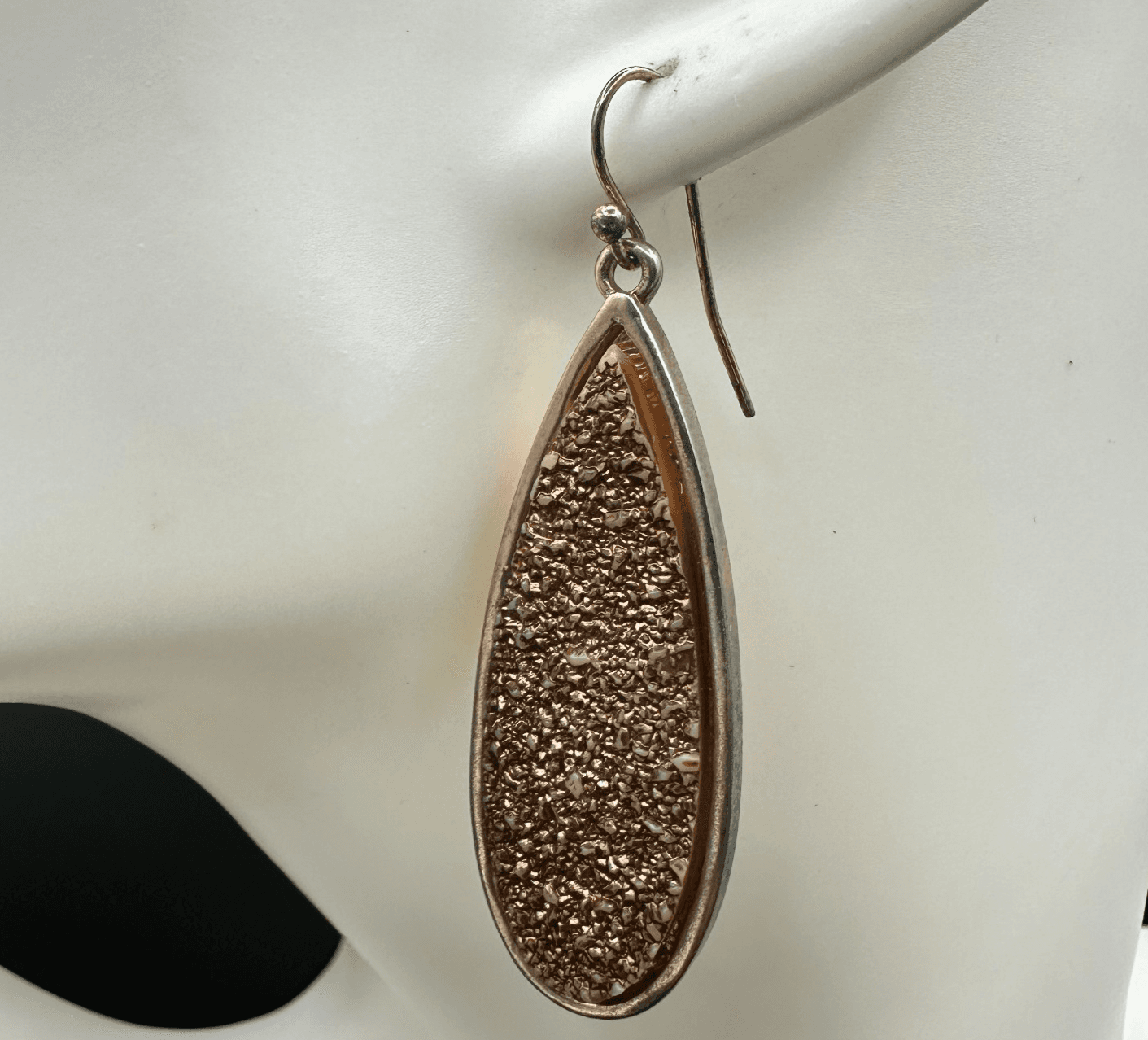 VTG Teardrop Dangle Earrings Rose Gold Drusy Silver Tone Metal Hook Drop Fashion - Thumbnail 3