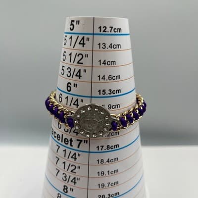 Vintage Purple Cord & Gold Tone Chain Saint Benedict Religious Medal Bracelet - Thumbnail 6