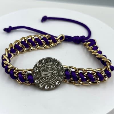 Vintage Purple Cord & Gold Tone Chain Saint Benedict Religious Medal Bracelet - Image 1