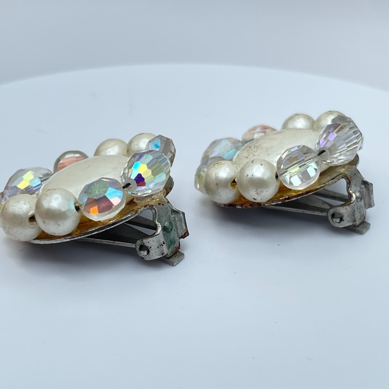 VIintage 80s Faux Pearl Crystal Beaded Clip-On Earrings Silver Tone Jewelry - Thumbnail 6