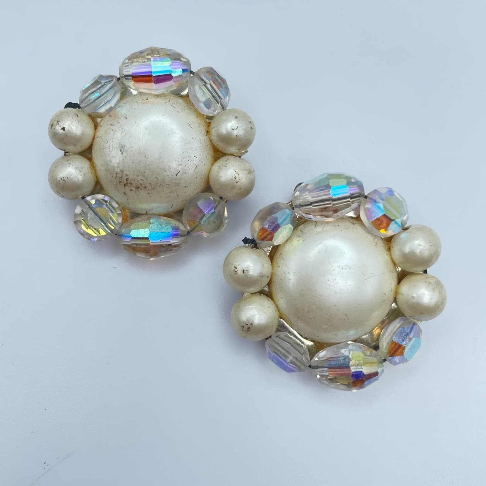 VIintage 80s Faux Pearl Crystal Beaded Clip-On Earrings Silver Tone Jewelry - Image 1