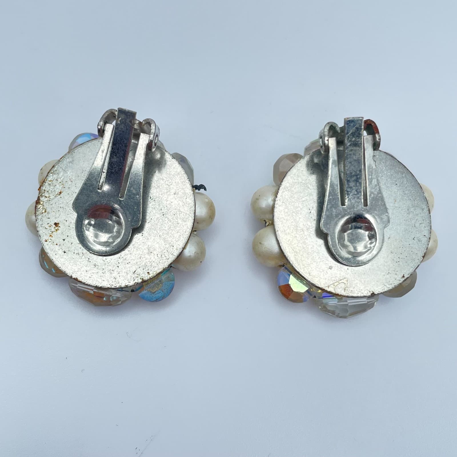 VIintage 80s Faux Pearl Crystal Beaded Clip-On Earrings Silver Tone Jewelry - Thumbnail 3