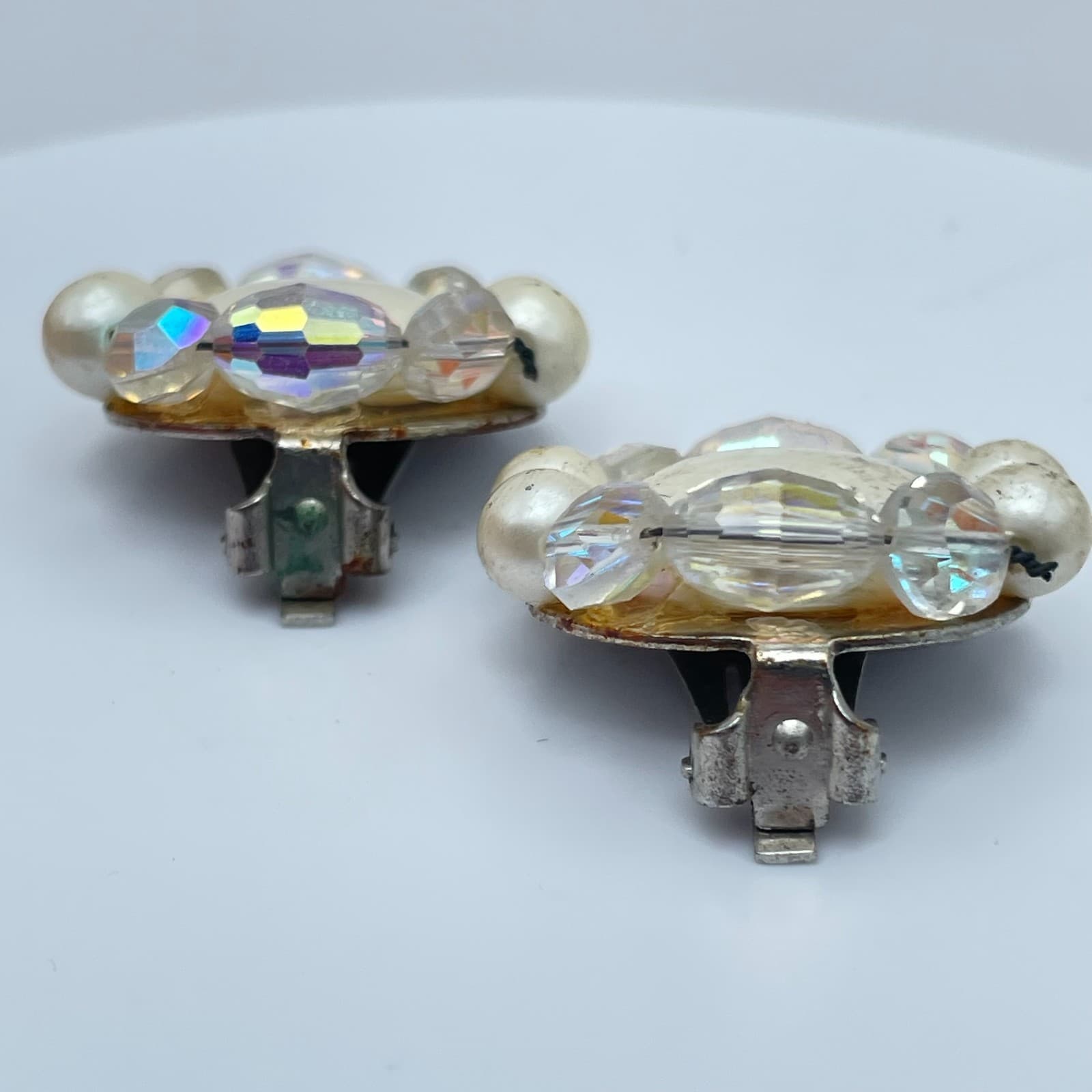 VIintage 80s Faux Pearl Crystal Beaded Clip-On Earrings Silver Tone Jewelry - Thumbnail 7