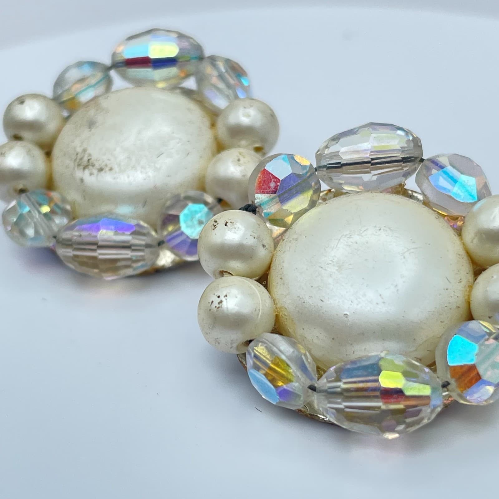 VIintage 80s Faux Pearl Crystal Beaded Clip-On Earrings Silver Tone Jewelry - Thumbnail 4