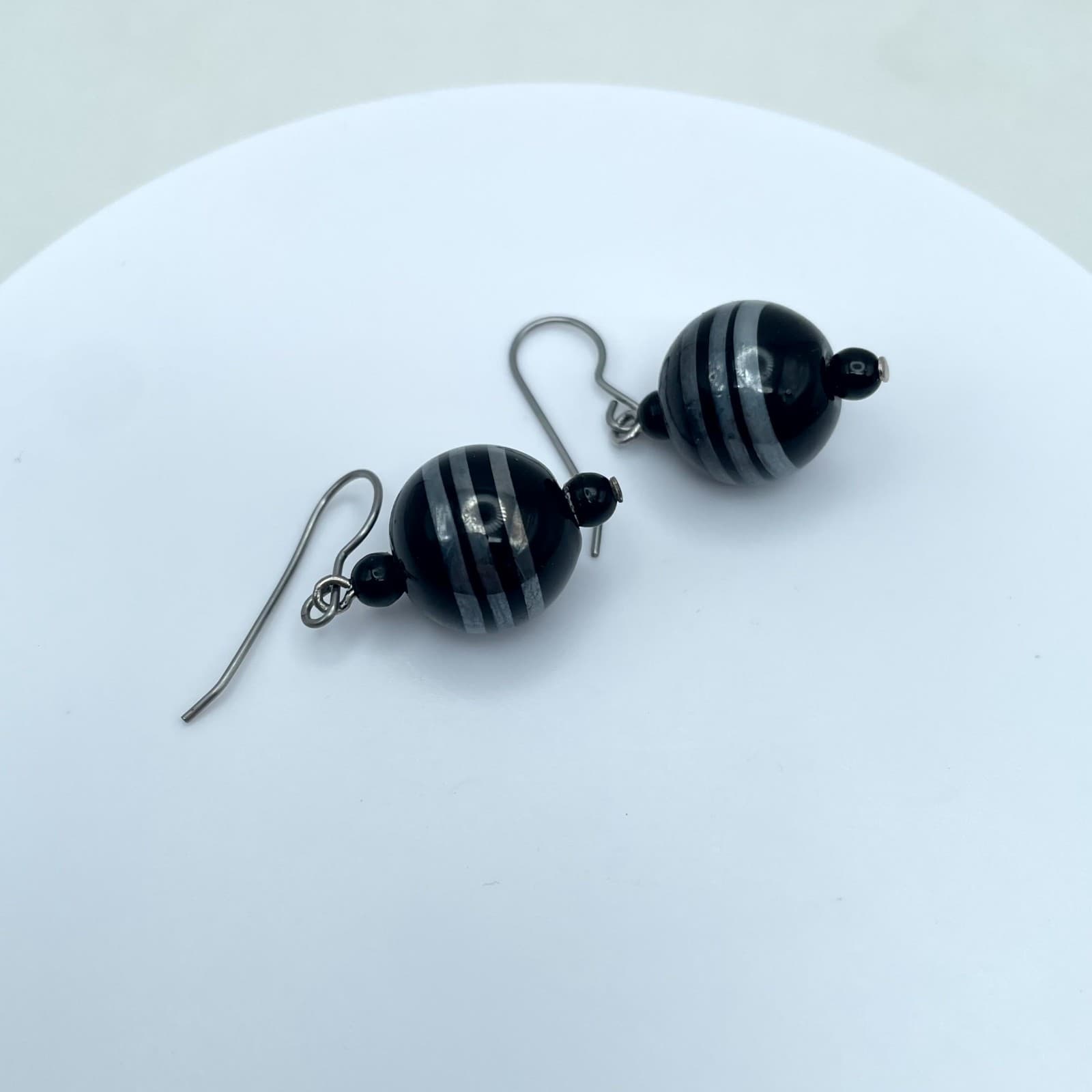 Vintage Black White Boho-Chic Banded Agate Bead Drop Dangle French Hook Earrings - Image 1