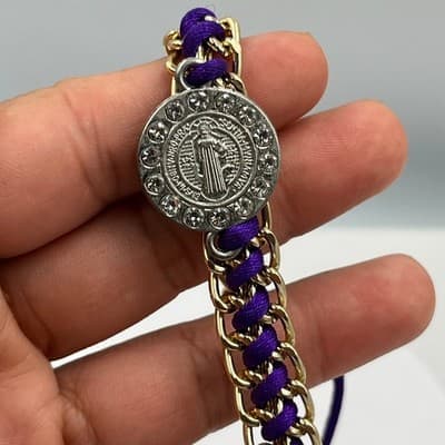 Vintage Purple Cord & Gold Tone Chain Saint Benedict Religious Medal Bracelet - Thumbnail 4