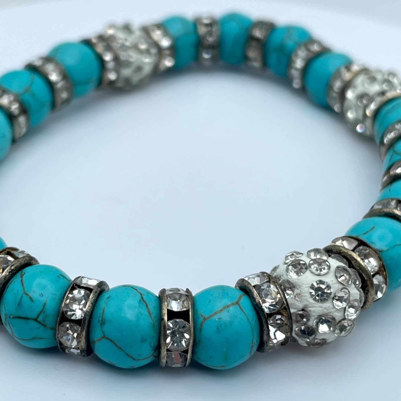 Bohemian Classic Faceted Rhinestone Shamballa Turquoise Beaded Stretch Bracelet - Thumbnail 4