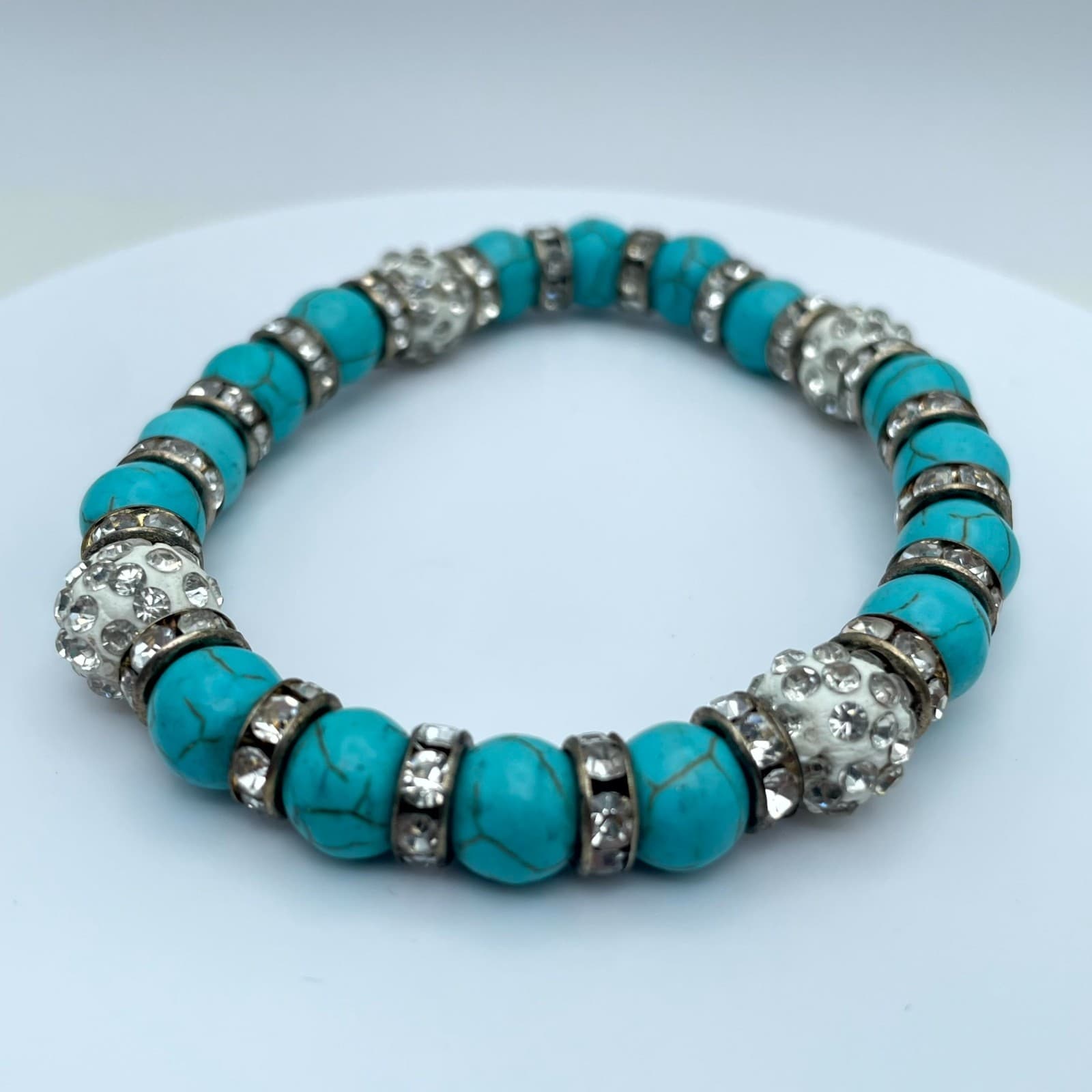 Bohemian Classic Faceted Rhinestone Shamballa Turquoise Beaded Stretch Bracelet - Image 1