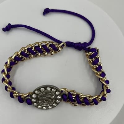 Vintage Purple Cord & Gold Tone Chain Saint Benedict Religious Medal Bracelet - Thumbnail 2