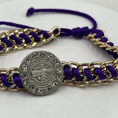Vintage Purple Cord & Gold Tone Chain Saint Benedict Religious Medal Bracelet - Thumbnail 3