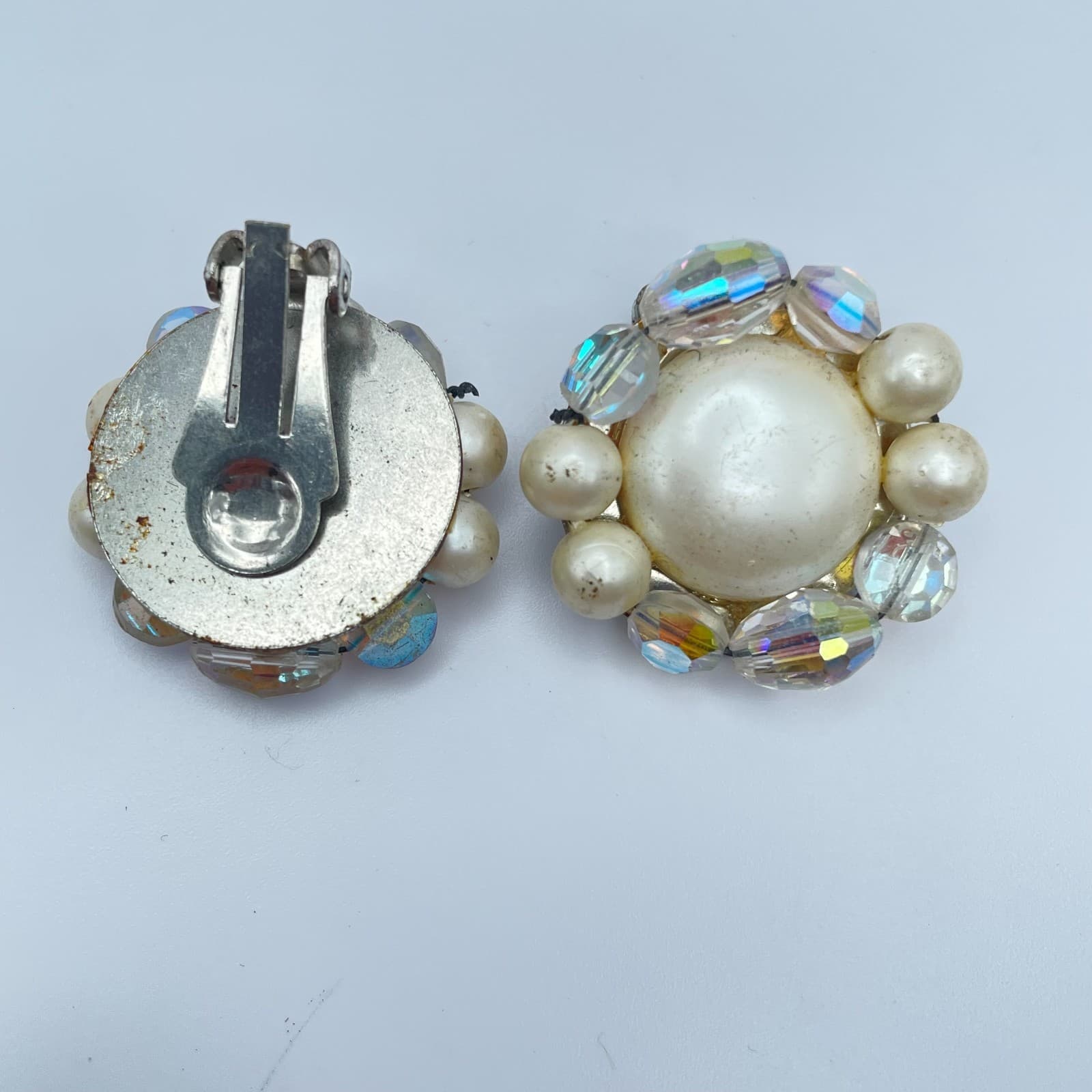 VIintage 80s Faux Pearl Crystal Beaded Clip-On Earrings Silver Tone Jewelry - Thumbnail 2