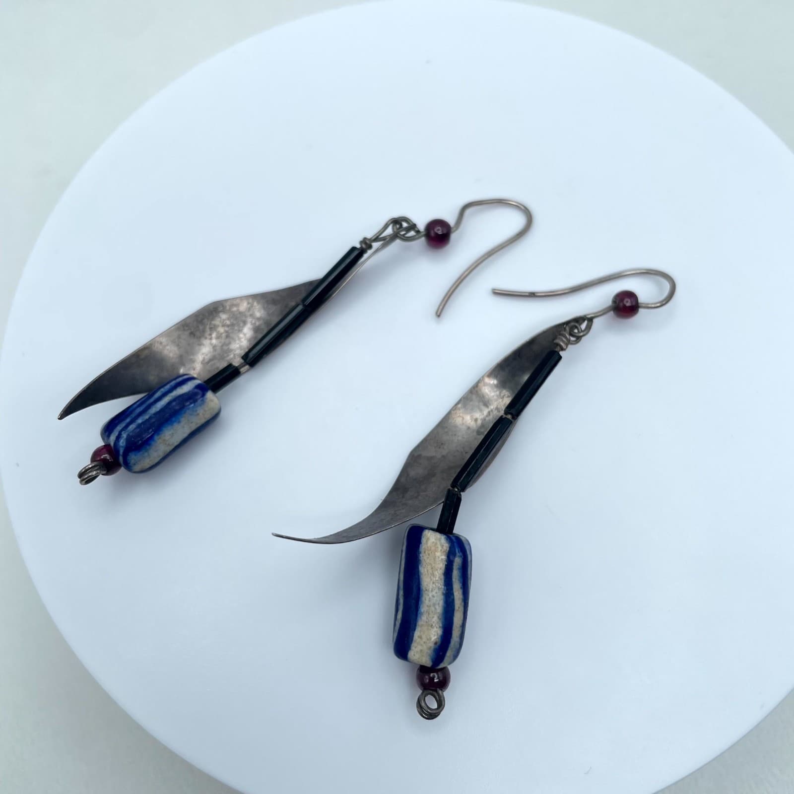 Handcrafted Silver-Tone Seed Beads Blue White Striped Leaf Dangle Drop Earrings - Image 1