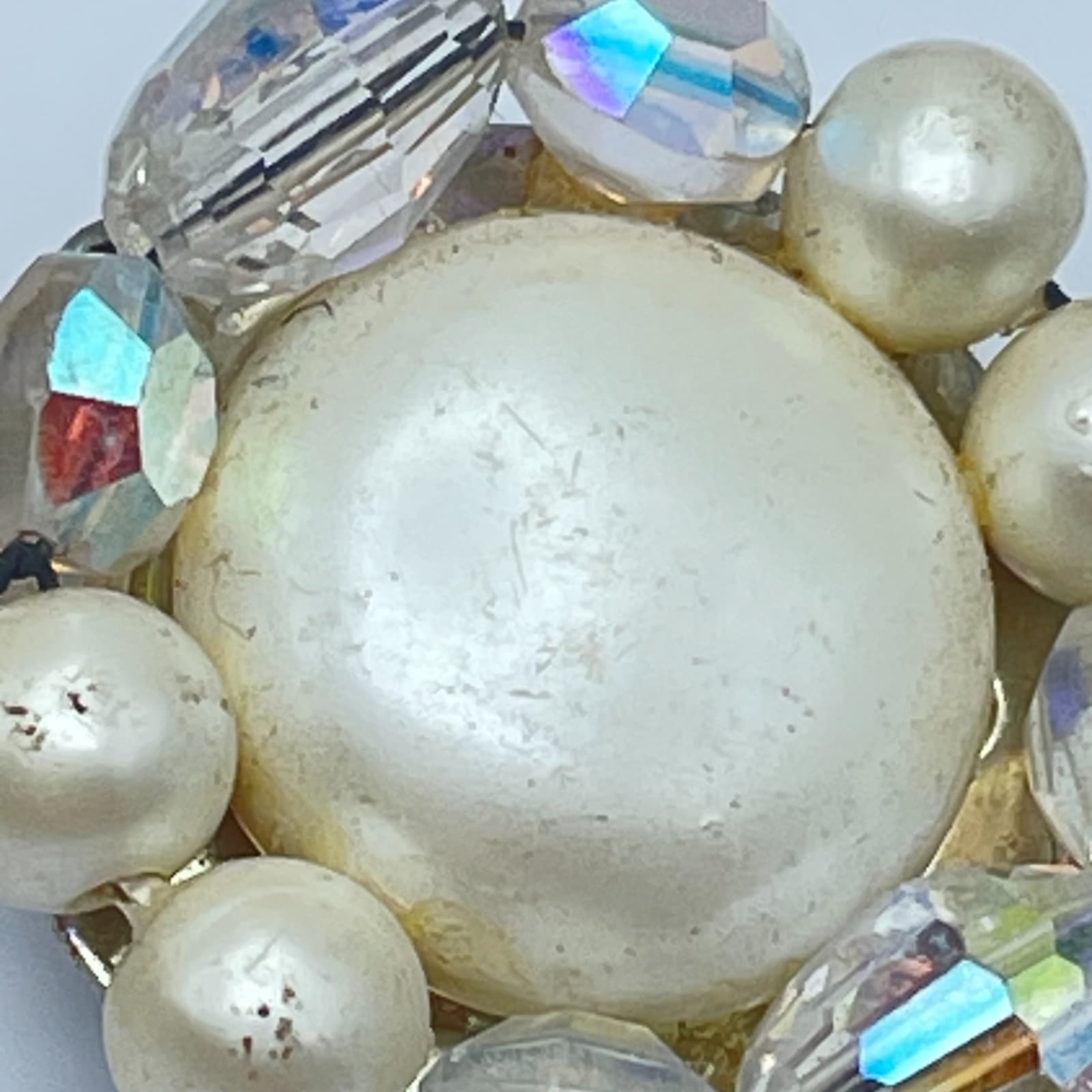 VIintage 80s Faux Pearl Crystal Beaded Clip-On Earrings Silver Tone Jewelry - Thumbnail 8