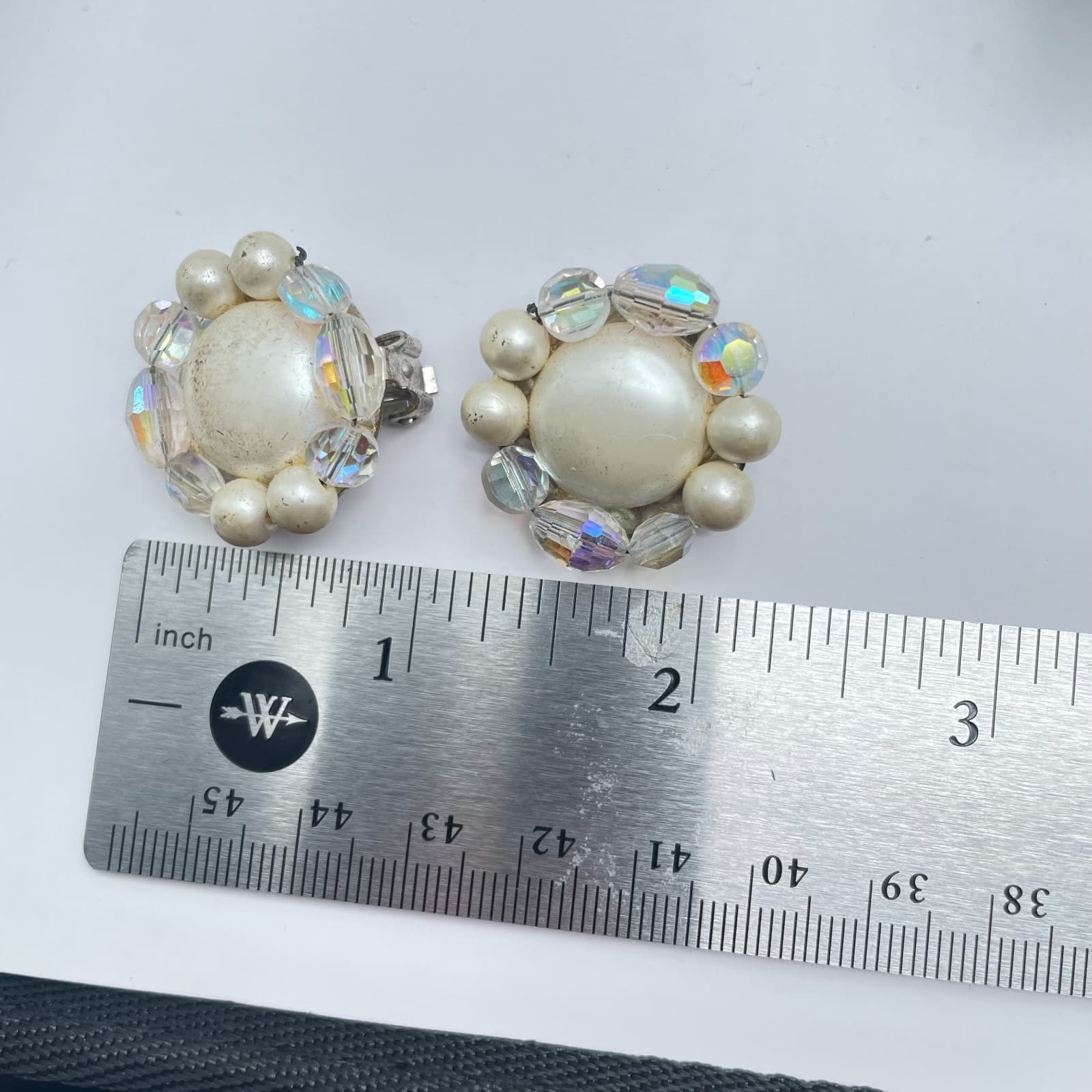 VIintage 80s Faux Pearl Crystal Beaded Clip-On Earrings Silver Tone Jewelry - Thumbnail 9