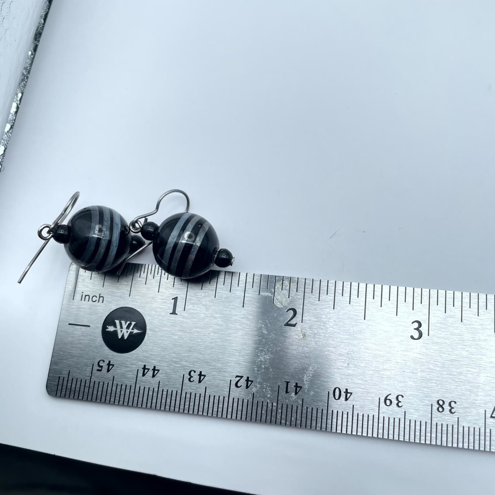 Vintage Black White Boho-Chic Banded Agate Bead Drop Dangle French Hook Earrings - Thumbnail 2