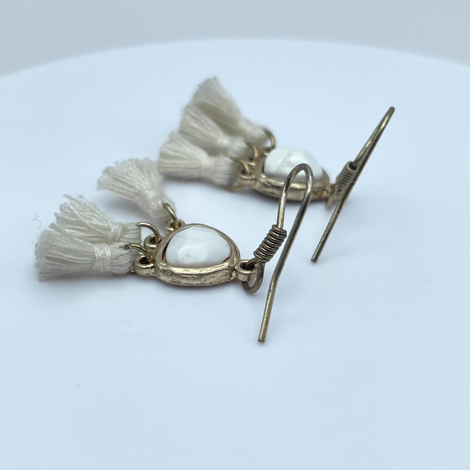 Boho-Chic Western Gold-Tone Howlite Center Tassel Dangle French Hook Earrings - Thumbnail 7