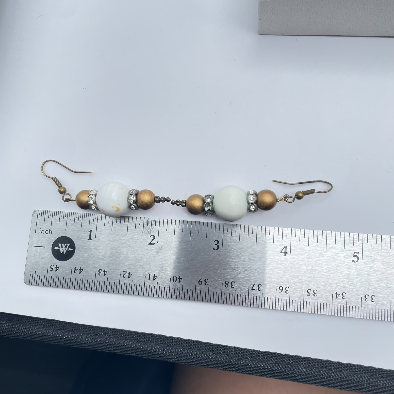 Vintage 90s Boho Dangle Earrings White & Gold Tone Beads Clear Glass Accents - Thumbnail 7