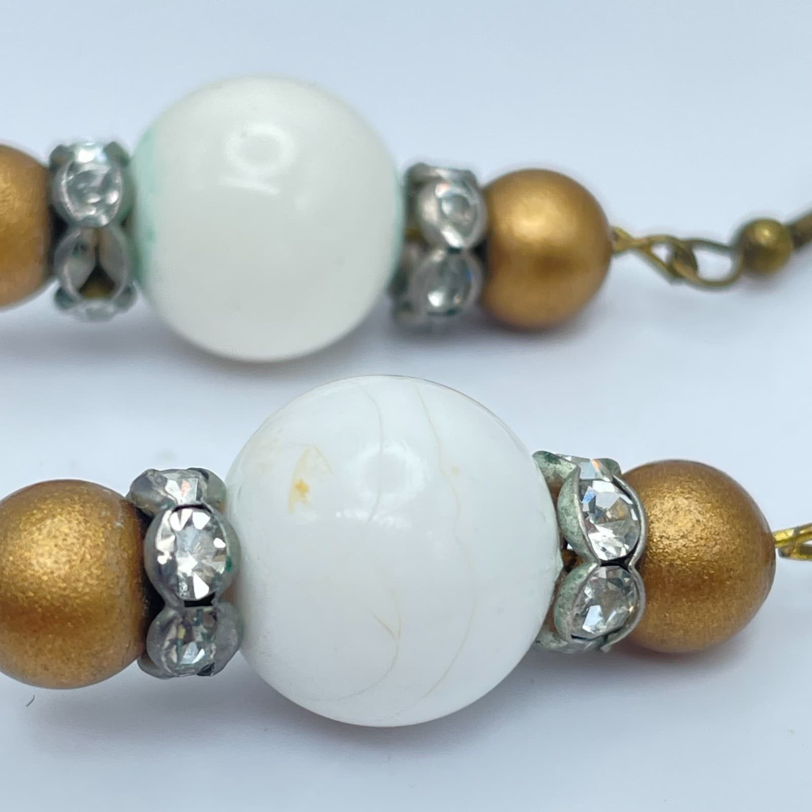 Vintage 90s Boho Dangle Earrings White & Gold Tone Beads Clear Glass Accents - Thumbnail 4