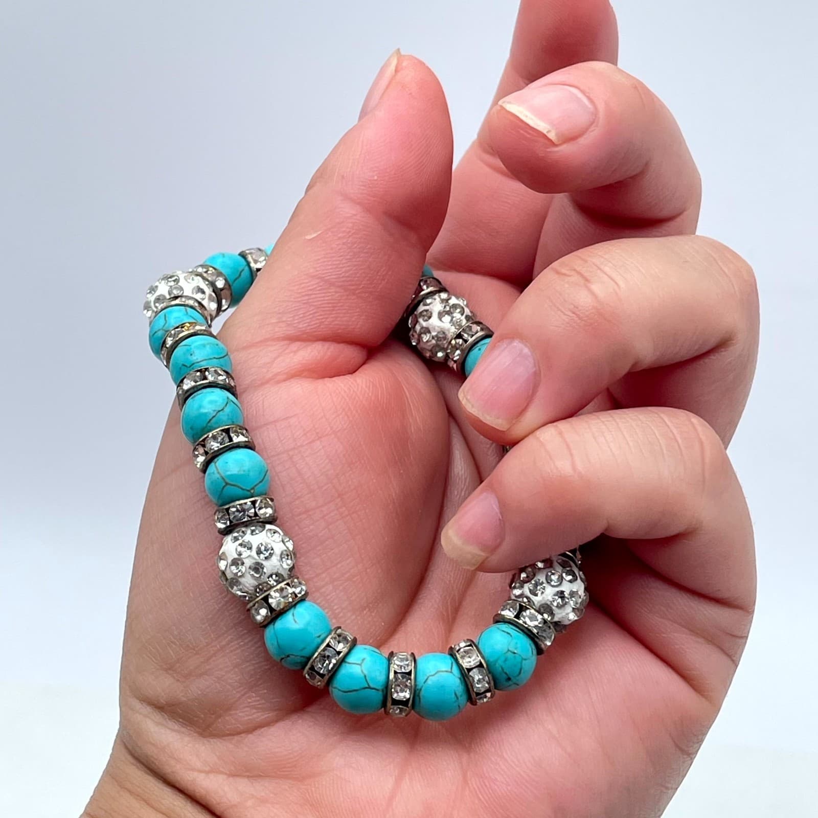 Bohemian Classic Faceted Rhinestone Shamballa Turquoise Beaded Stretch Bracelet - Thumbnail 8