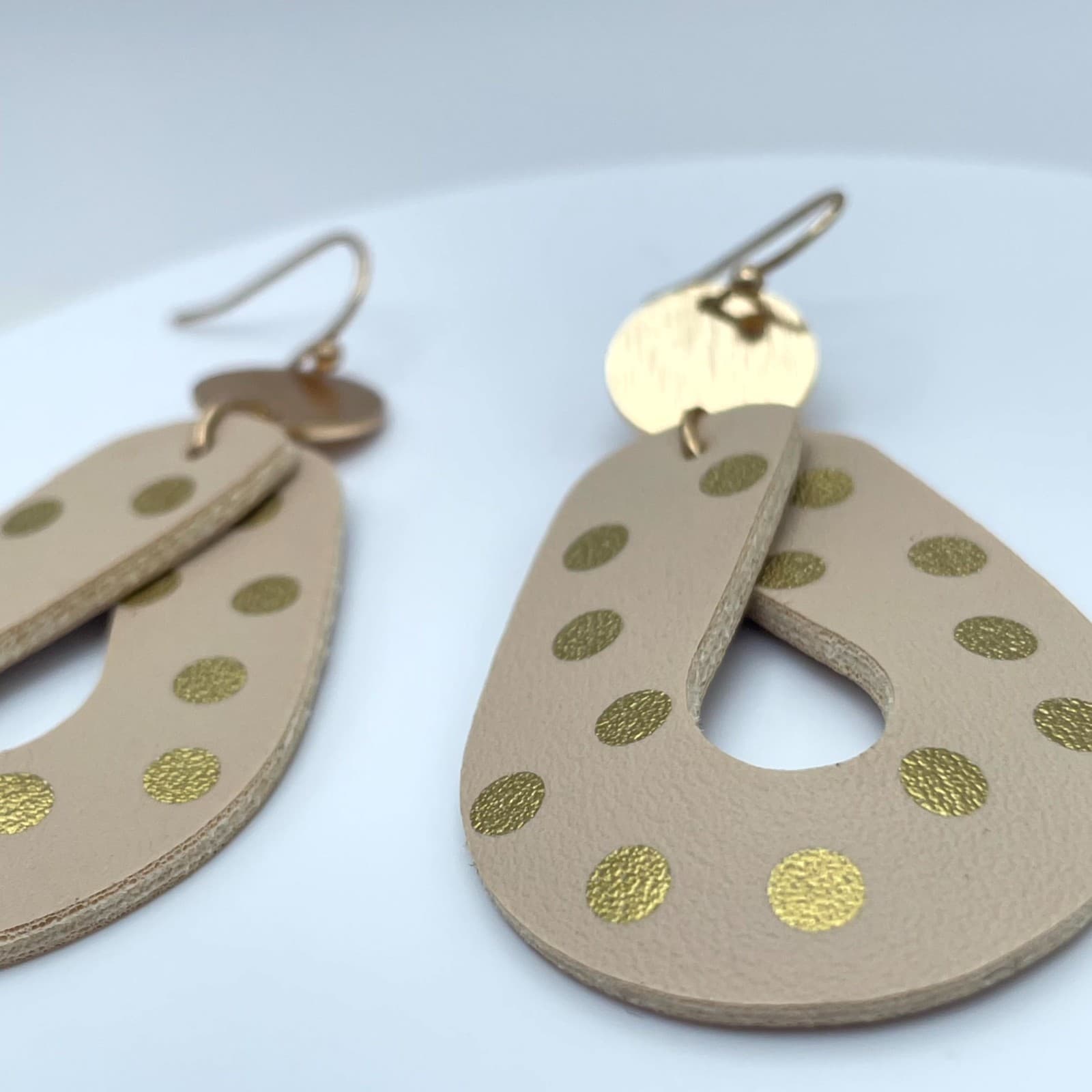Boho-Chic Gold-Tone Polka Dots Tan Leather Teardrop Dangle French Hook Earrings - Thumbnail 7