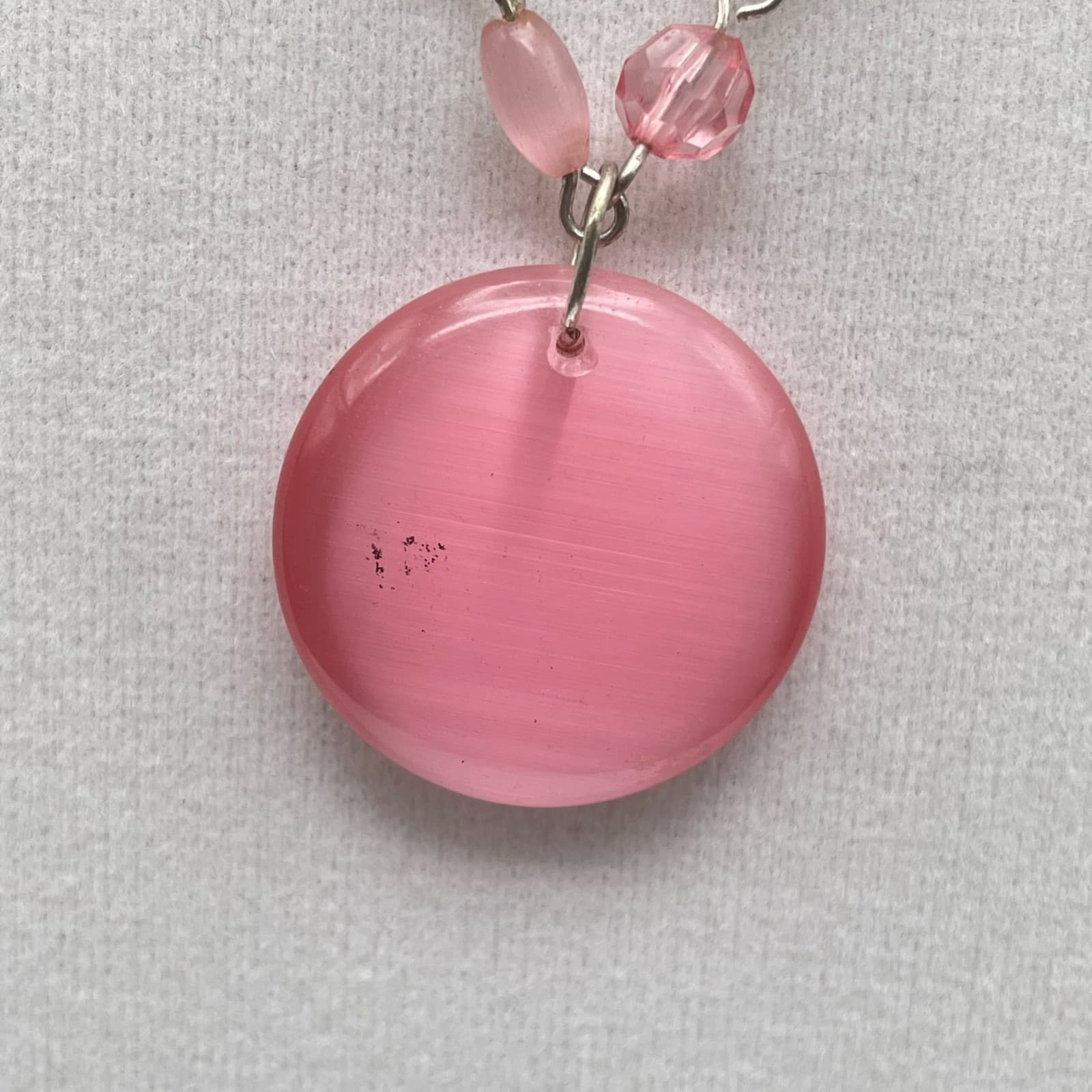 Vintage Silver-tone chain necklace with round pink pendant and accent beads 23In - Thumbnail 6