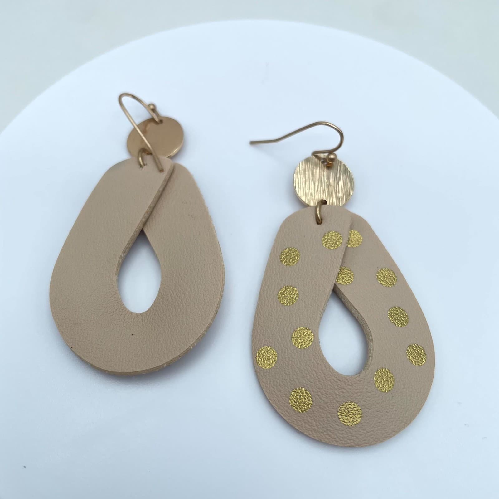 Boho-Chic Gold-Tone Polka Dots Tan Leather Teardrop Dangle French Hook Earrings - Image 1