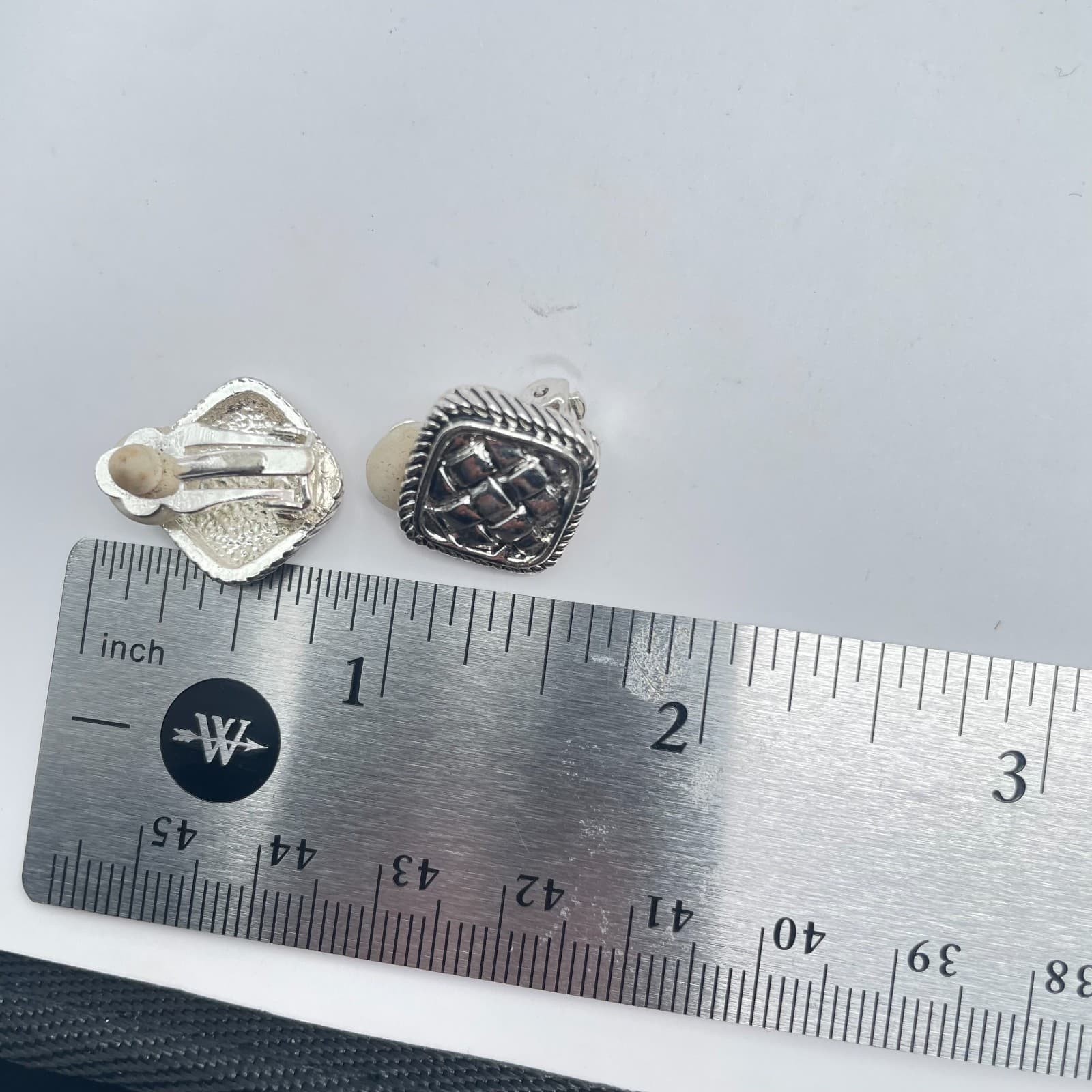 Vintage 90s Silver Tone Square Textured Basketweave Earrings Women's Jewelry - Thumbnail 8