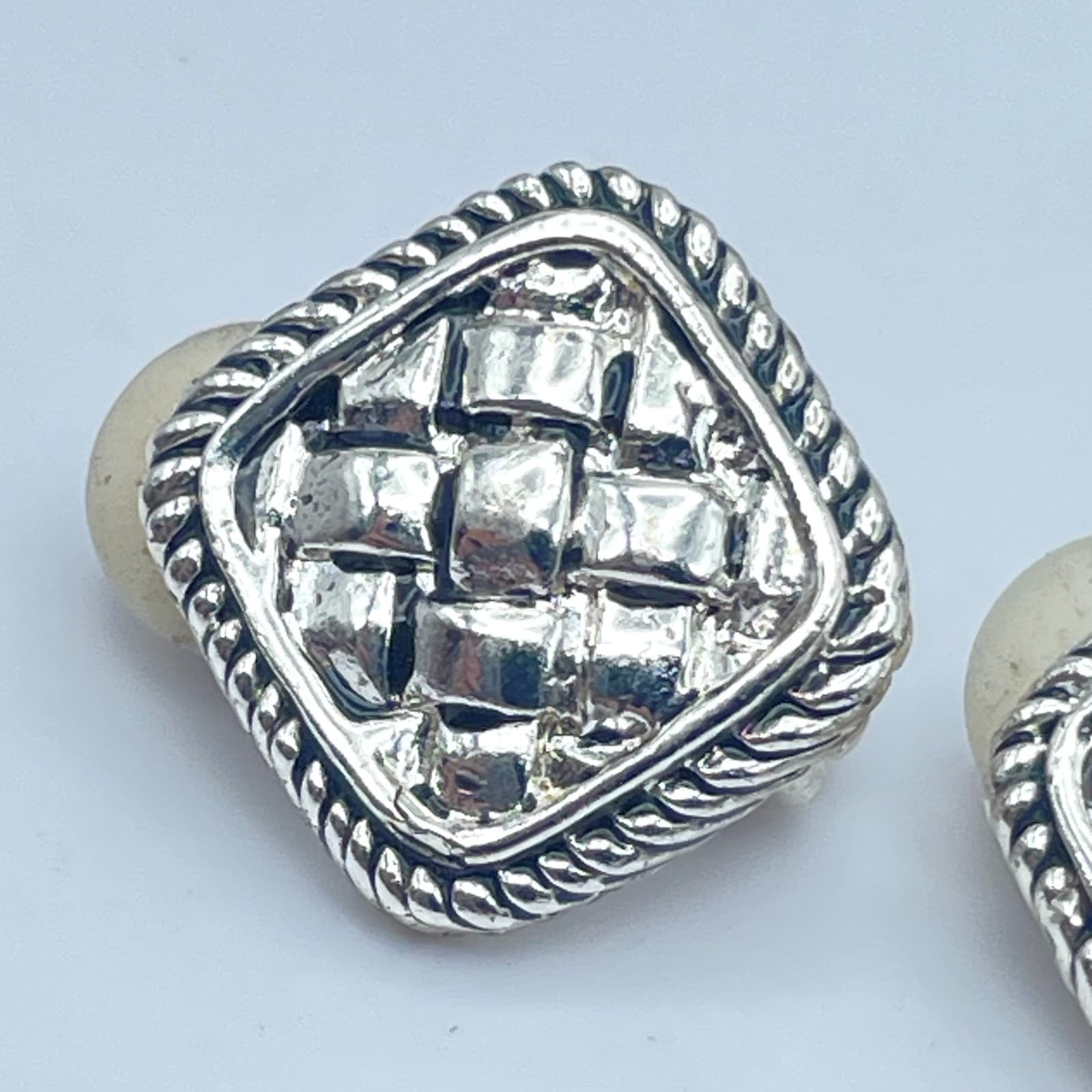 Vintage 90s Silver Tone Square Textured Basketweave Earrings Women's Jewelry - Thumbnail 5