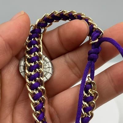 Vintage Purple Cord & Gold Tone Chain Saint Benedict Religious Medal Bracelet - Thumbnail 5