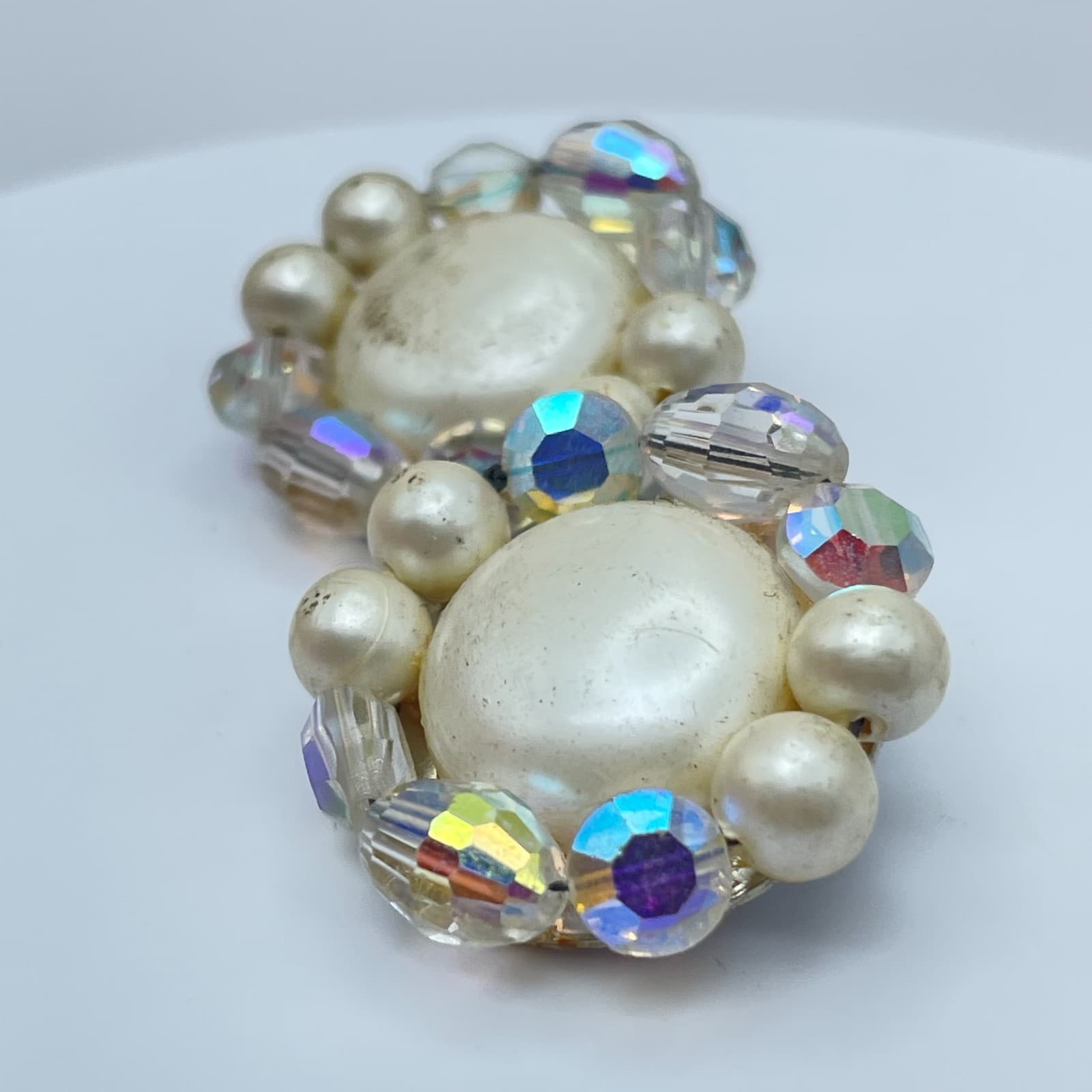 VIintage 80s Faux Pearl Crystal Beaded Clip-On Earrings Silver Tone Jewelry - Thumbnail 5