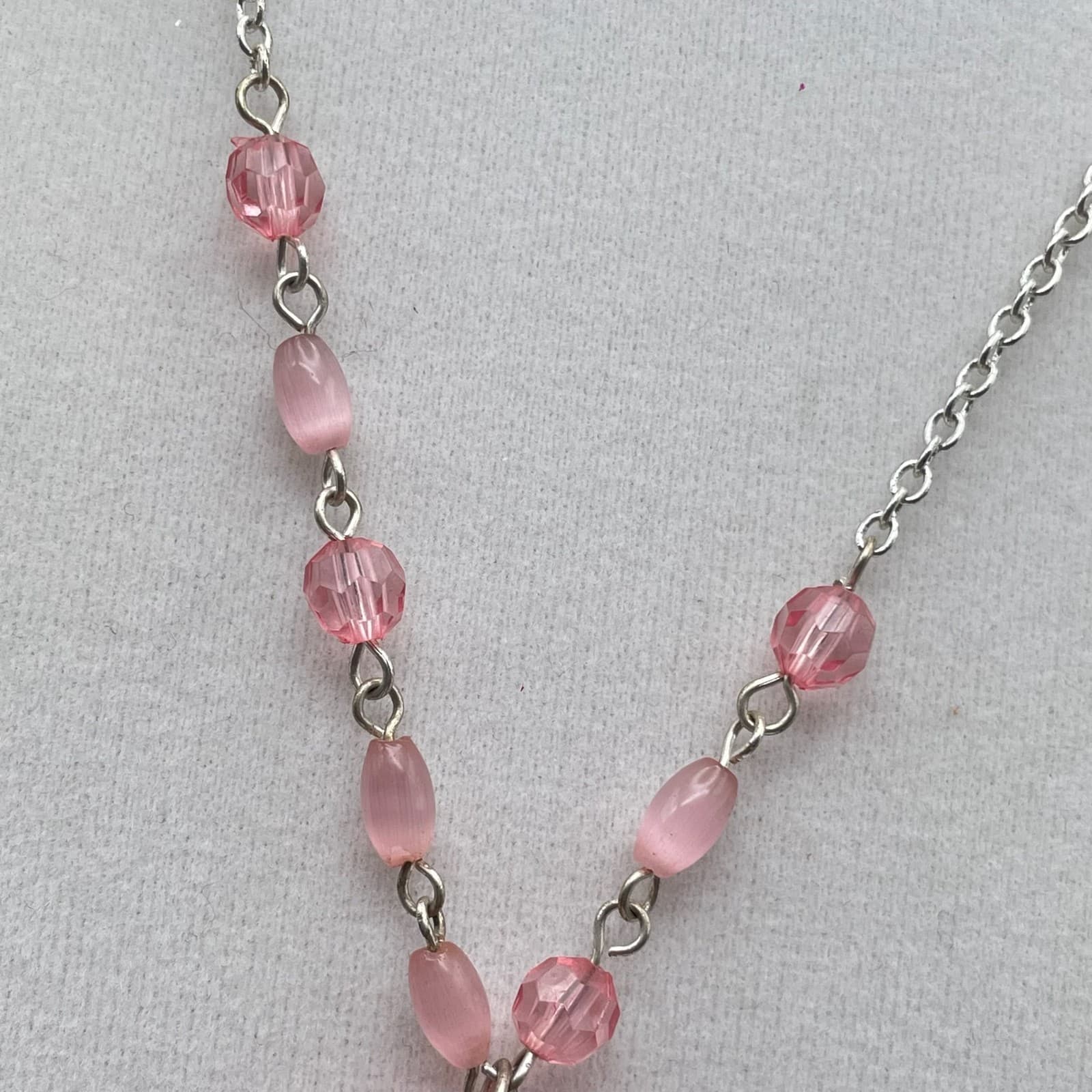 Vintage Silver-tone chain necklace with round pink pendant and accent beads 23In - Thumbnail 5