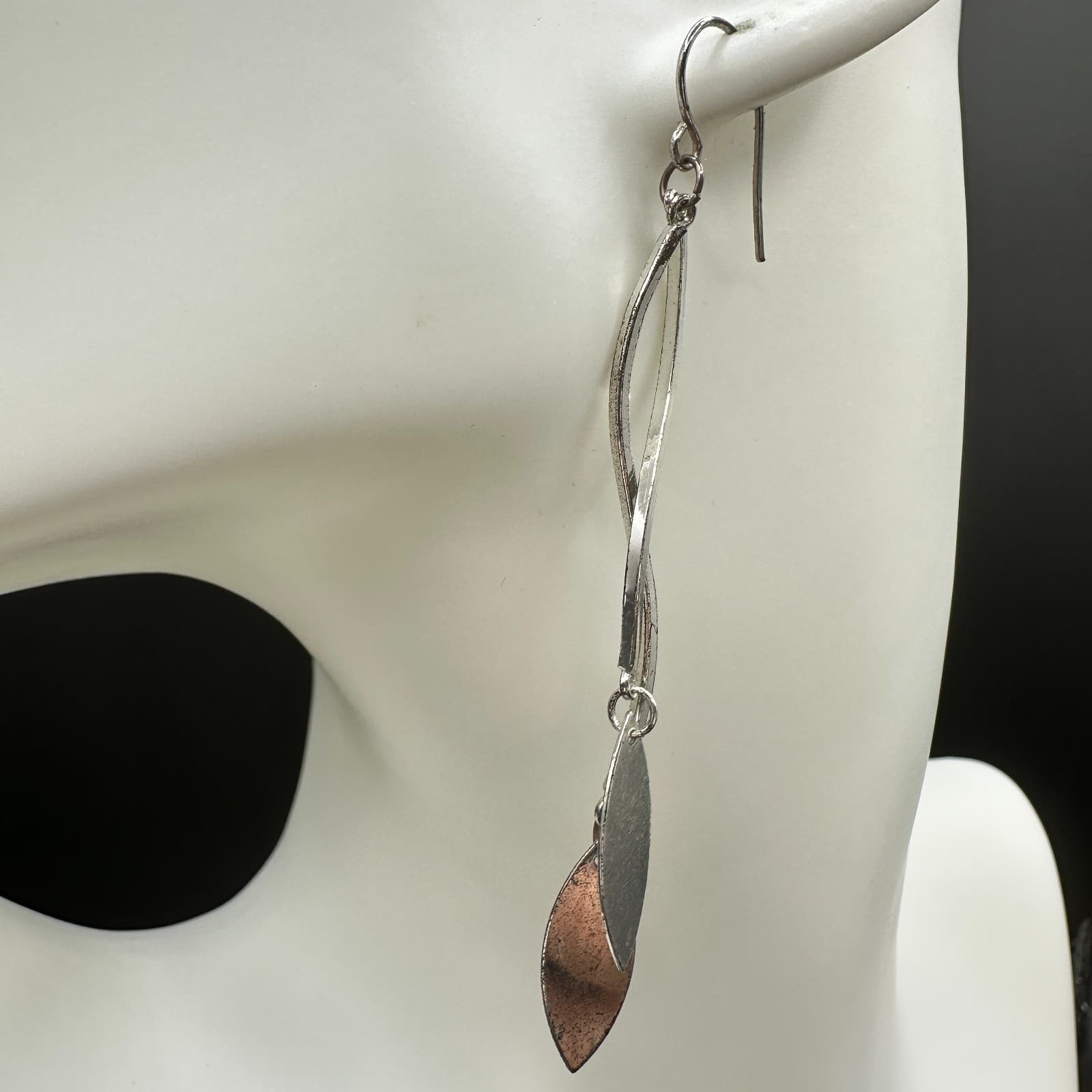 Vintage Silver Tone Long Leaf Dangle Earrings Minimalist Twisted Drop Jewelry - Image 1