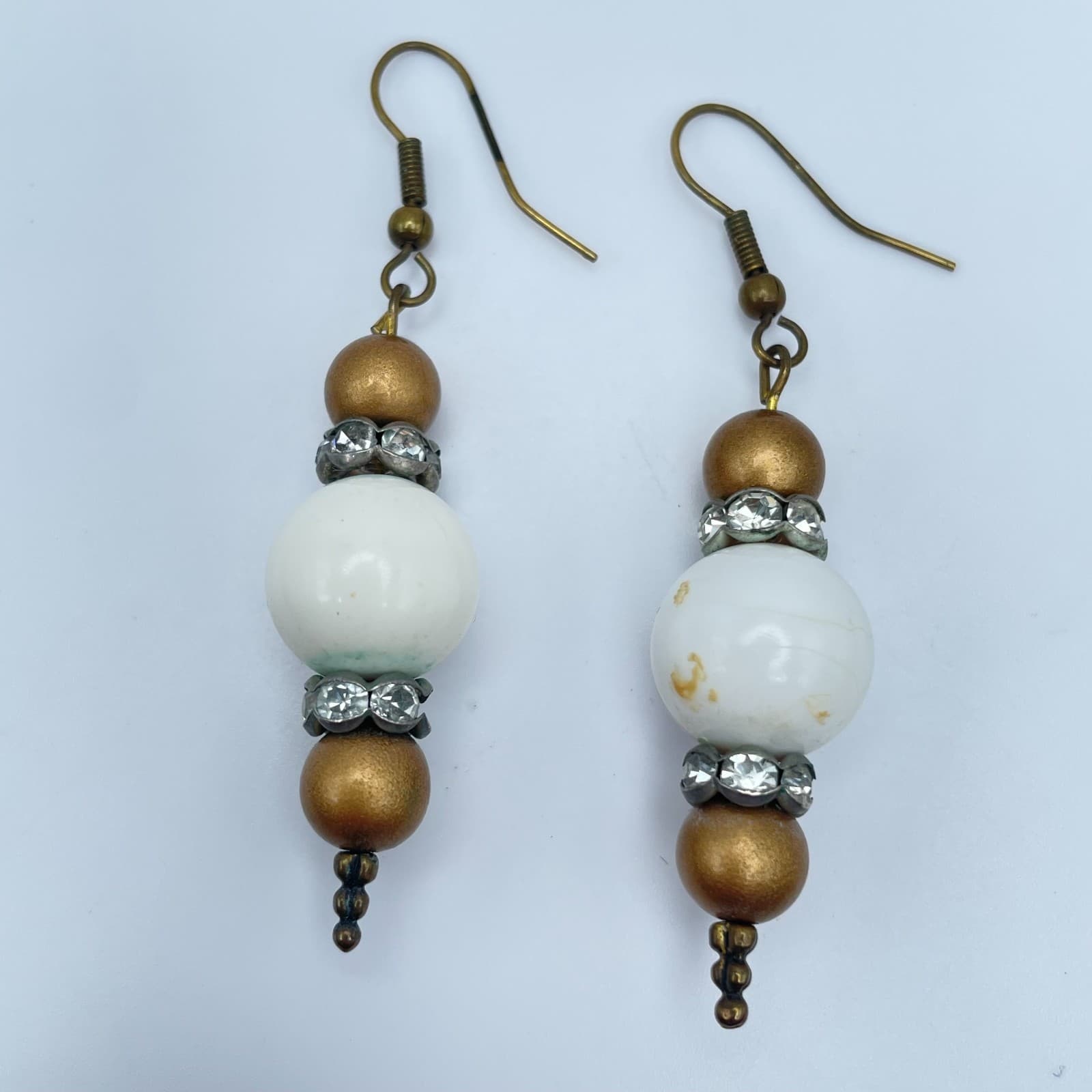 Vintage 90s Boho Dangle Earrings White & Gold Tone Beads Clear Glass Accents - Image 1