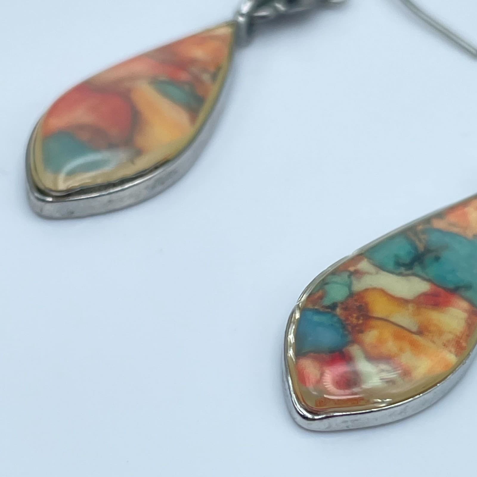 Vintage Silver-Tone Bohemian Water-Drop Harlequin Inlay Glass Dangle Earrings - Thumbnail 8