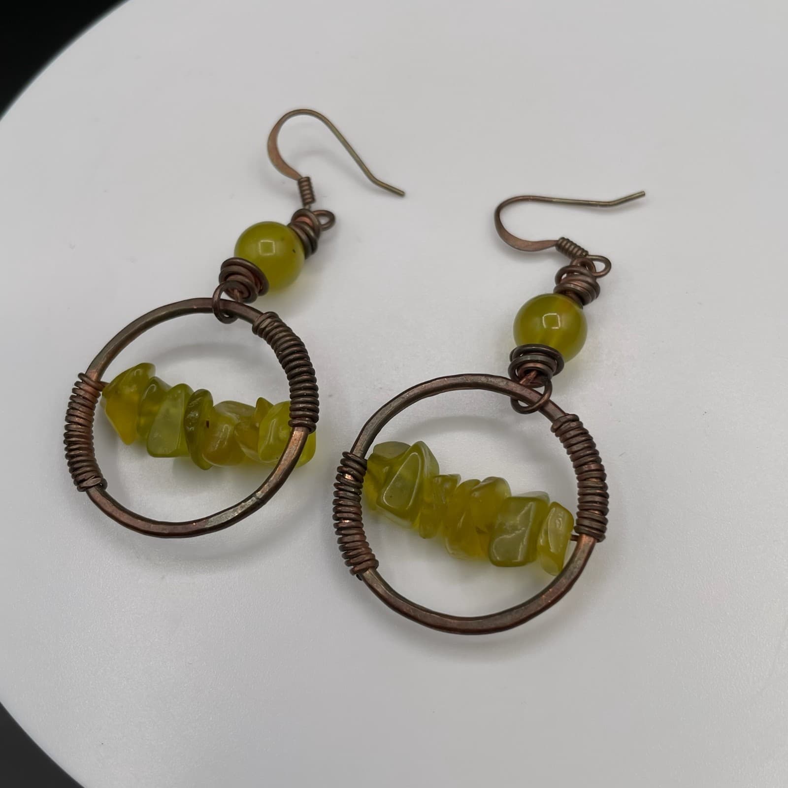 Handcrafted Yellow Chip Bead Copper Hoop Earrings Boho Artisan Style - Thumbnail 2