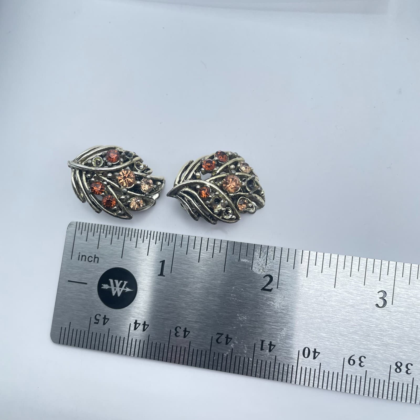 Vintage 90s Rhinestone Silver Tone Leaf Earrings Women's Classic Jewelry - Thumbnail 9