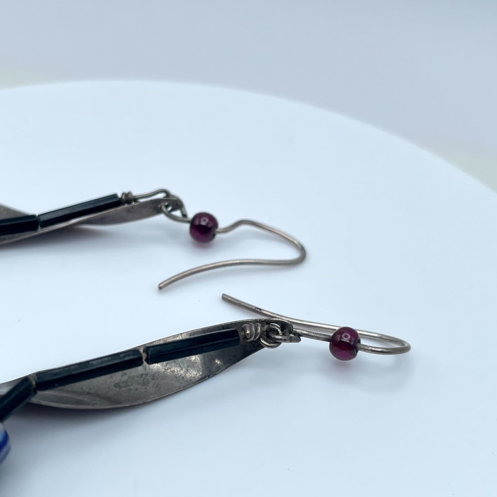 Handcrafted Silver-Tone Seed Beads Blue White Striped Leaf Dangle Drop Earrings - Thumbnail 6