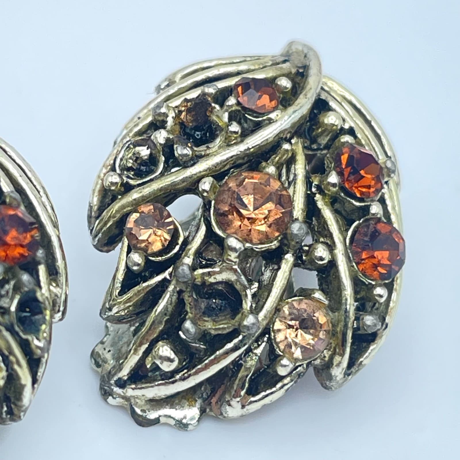 Vintage 90s Rhinestone Silver Tone Leaf Earrings Women's Classic Jewelry - Thumbnail 5