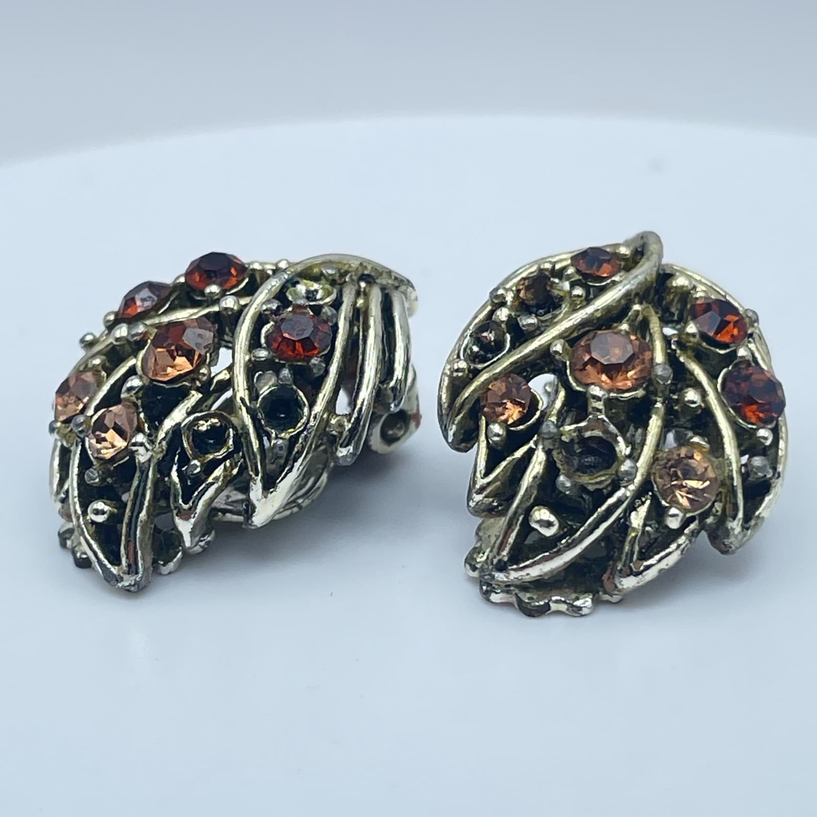 Vintage 90s Rhinestone Silver Tone Leaf Earrings Women's Classic Jewelry - Thumbnail 3