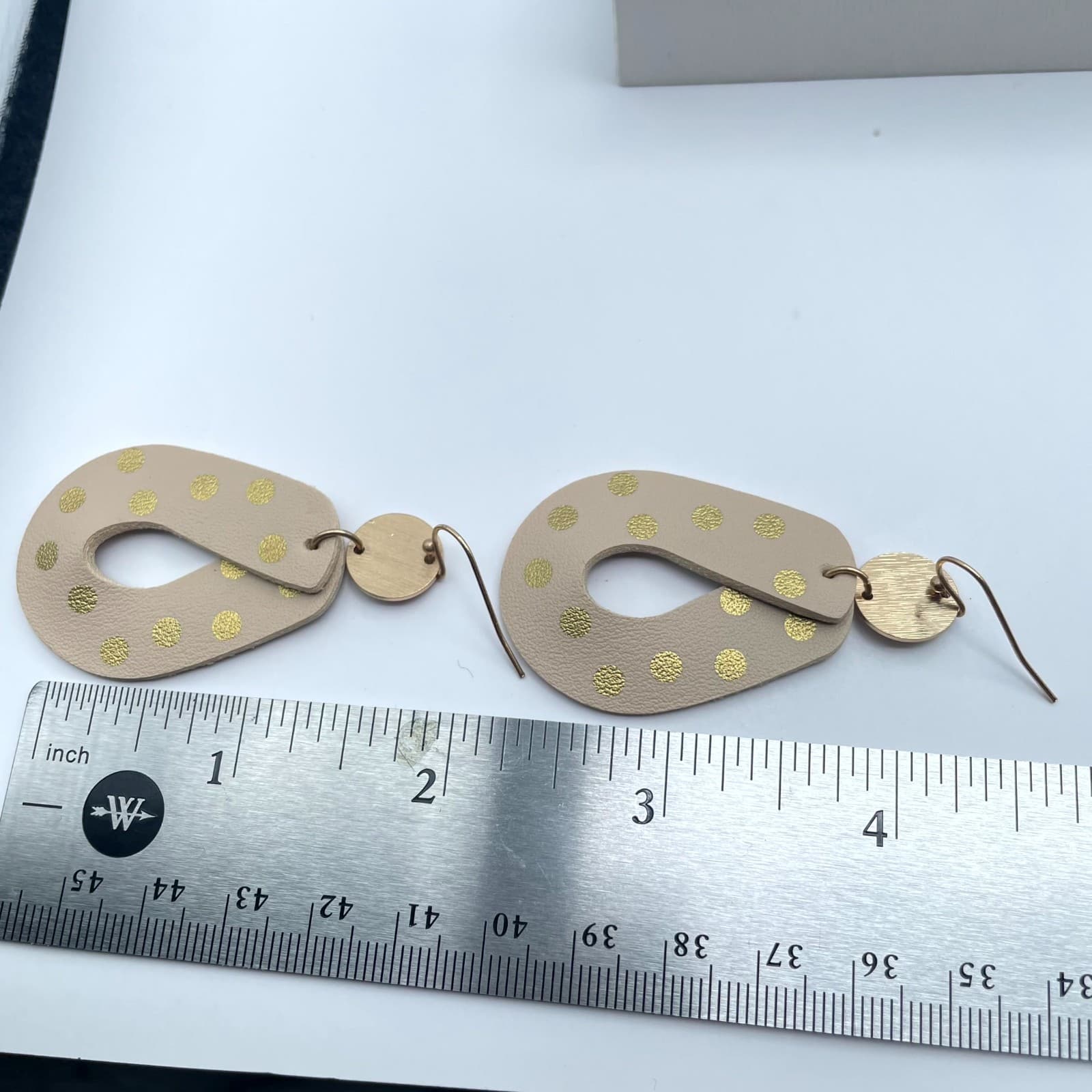 Boho-Chic Gold-Tone Polka Dots Tan Leather Teardrop Dangle French Hook Earrings - Thumbnail 2