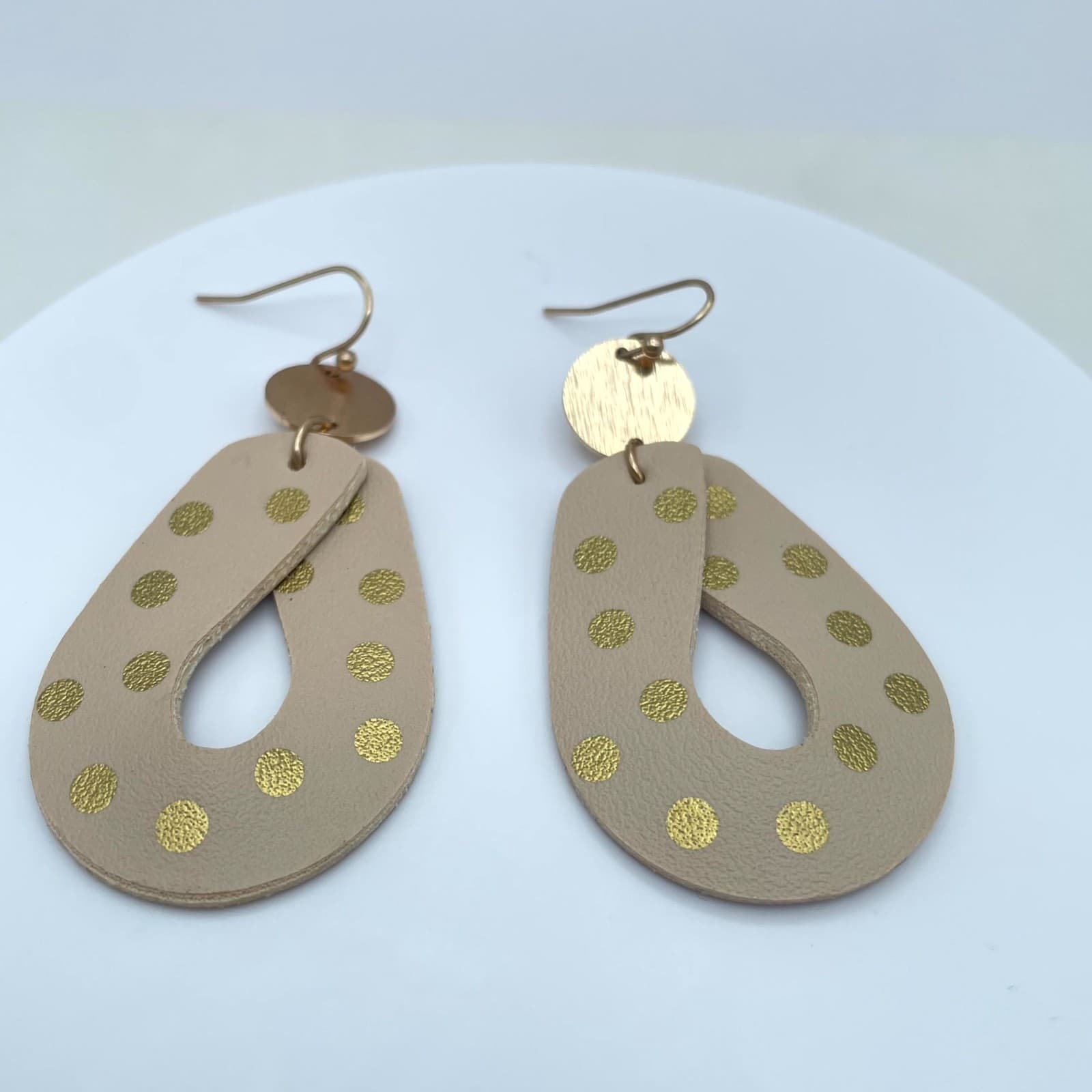 Boho-Chic Gold-Tone Polka Dots Tan Leather Teardrop Dangle French Hook Earrings - Thumbnail 4