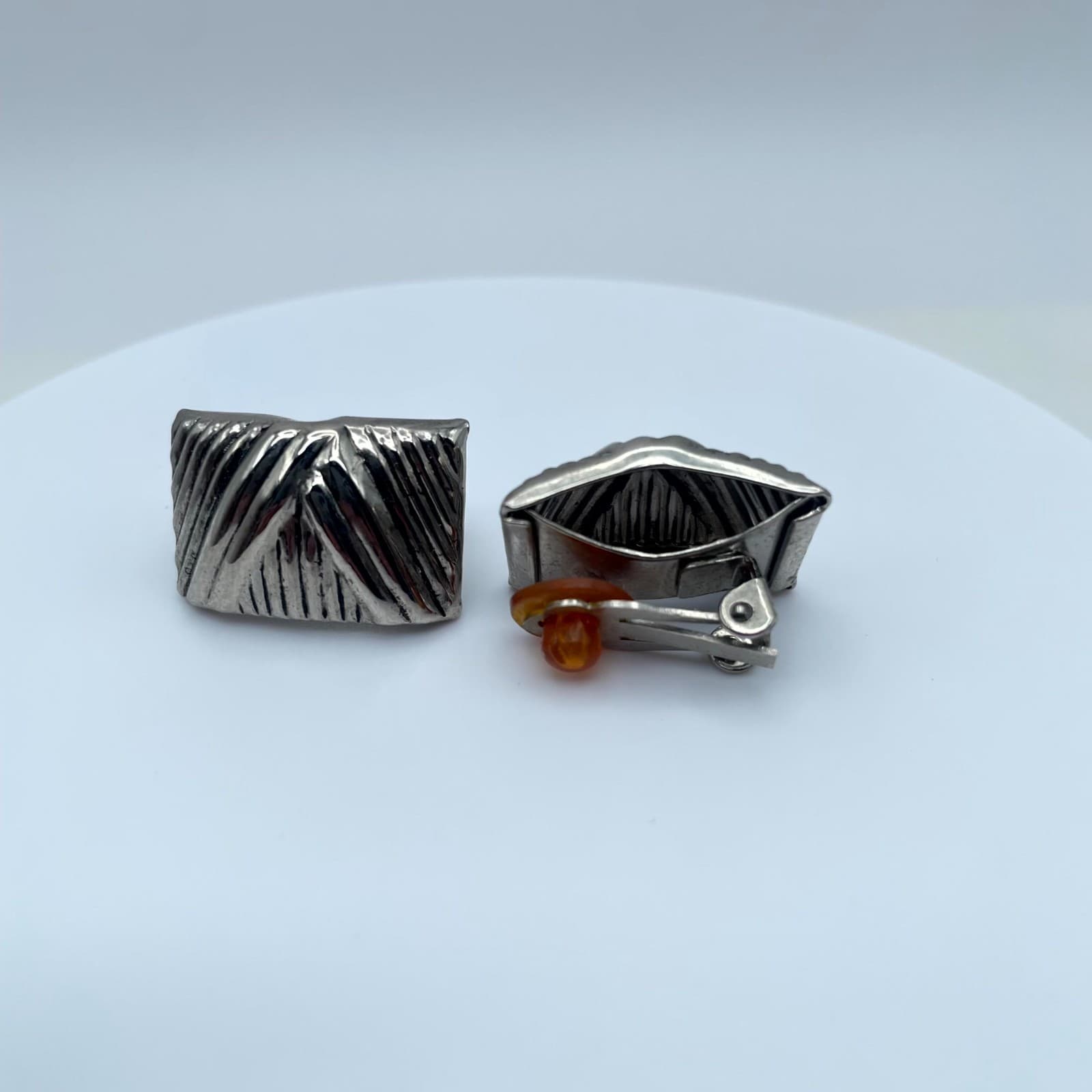 Vintage Silver-Tone Square Shaped Textured Engraved Metal Stud Clip-On Earrings - Thumbnail 3