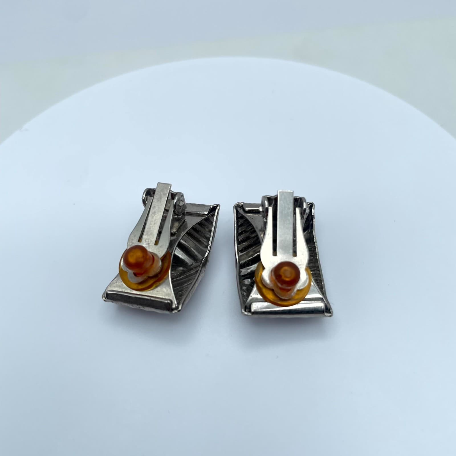 Vintage Silver-Tone Square Shaped Textured Engraved Metal Stud Clip-On Earrings - Thumbnail 4