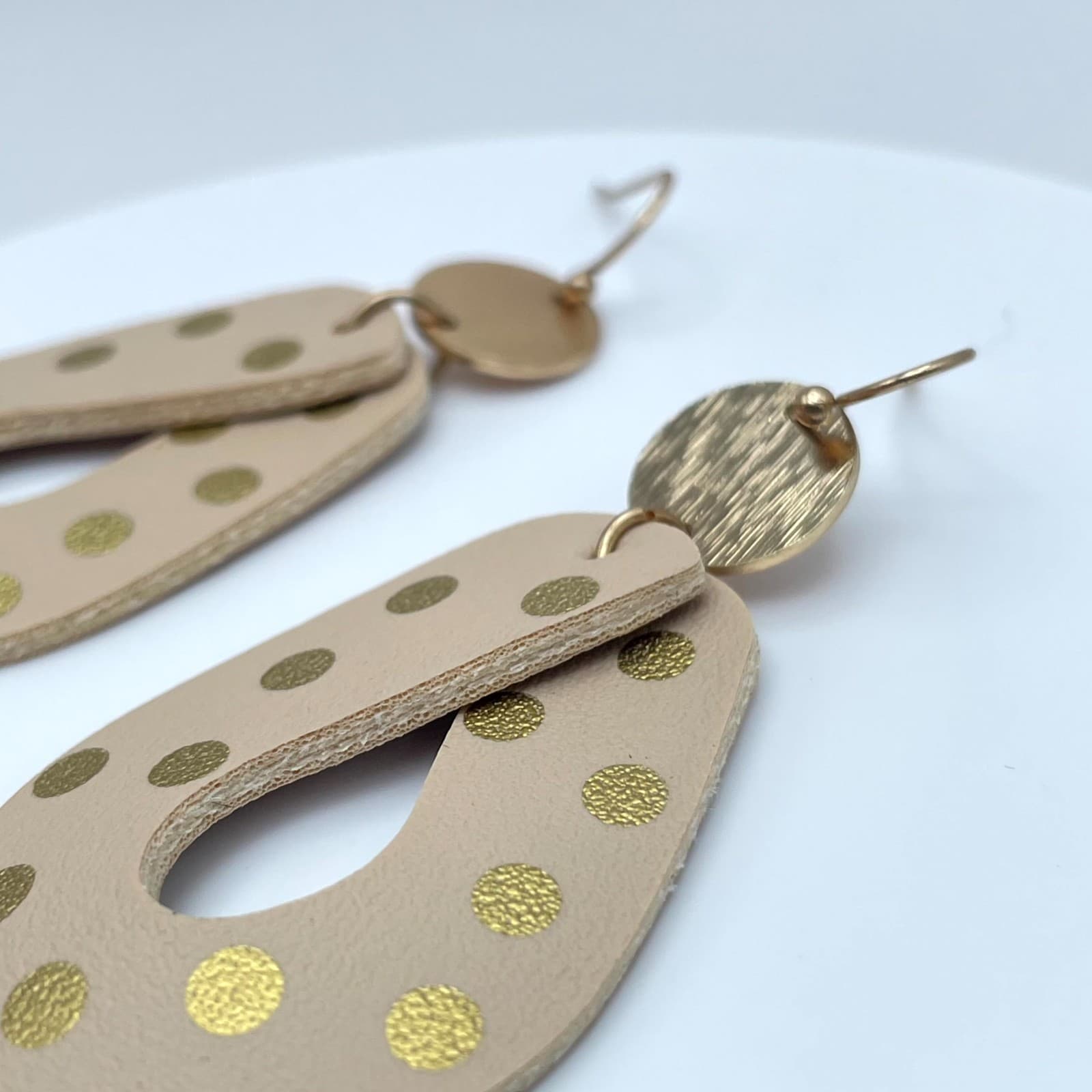 Boho-Chic Gold-Tone Polka Dots Tan Leather Teardrop Dangle French Hook Earrings - Thumbnail 8