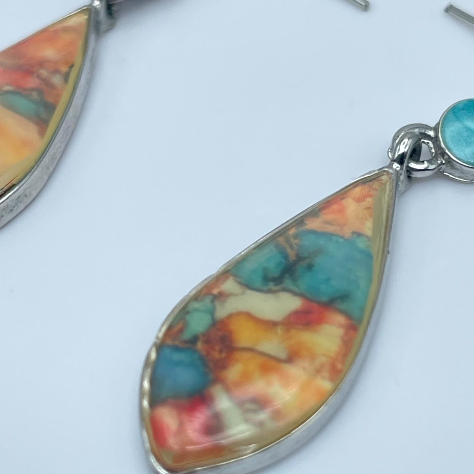 Vintage Silver-Tone Bohemian Water-Drop Harlequin Inlay Glass Dangle Earrings - Thumbnail 6