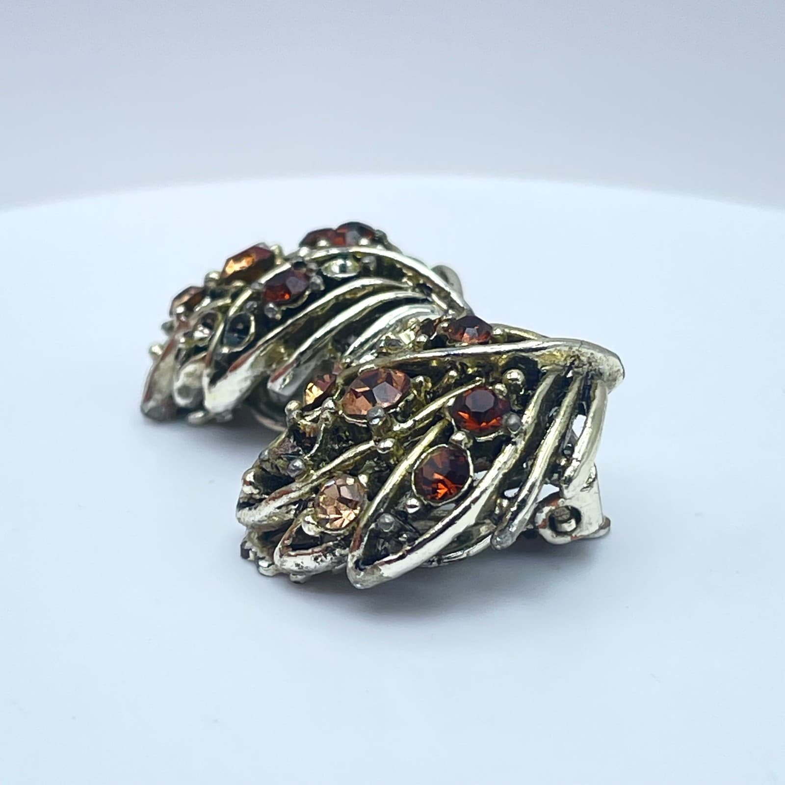 Vintage 90s Rhinestone Silver Tone Leaf Earrings Women's Classic Jewelry - Thumbnail 7
