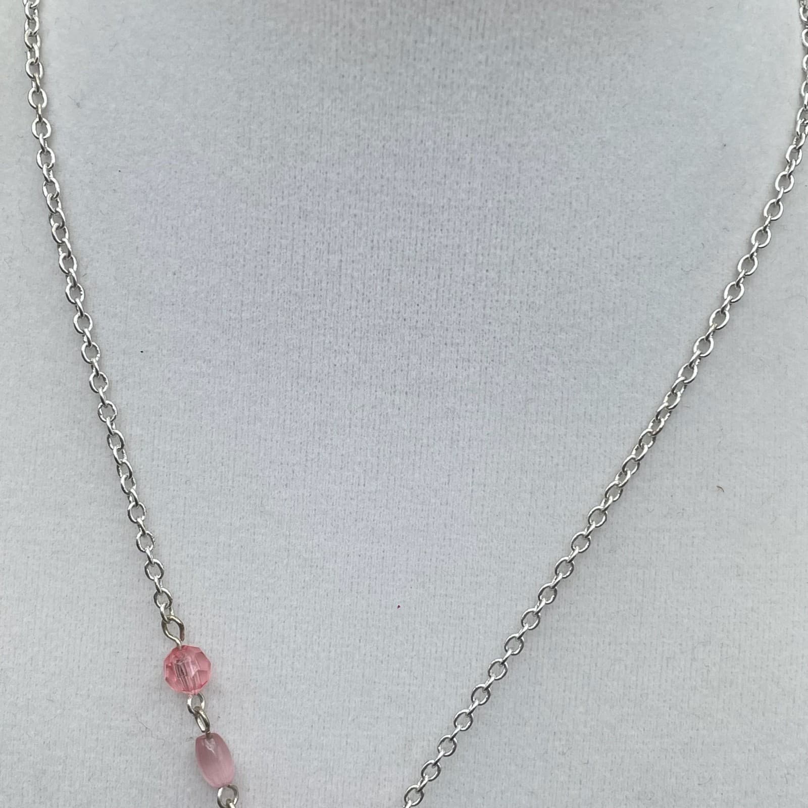 Vintage Silver-tone chain necklace with round pink pendant and accent beads 23In - Thumbnail 8