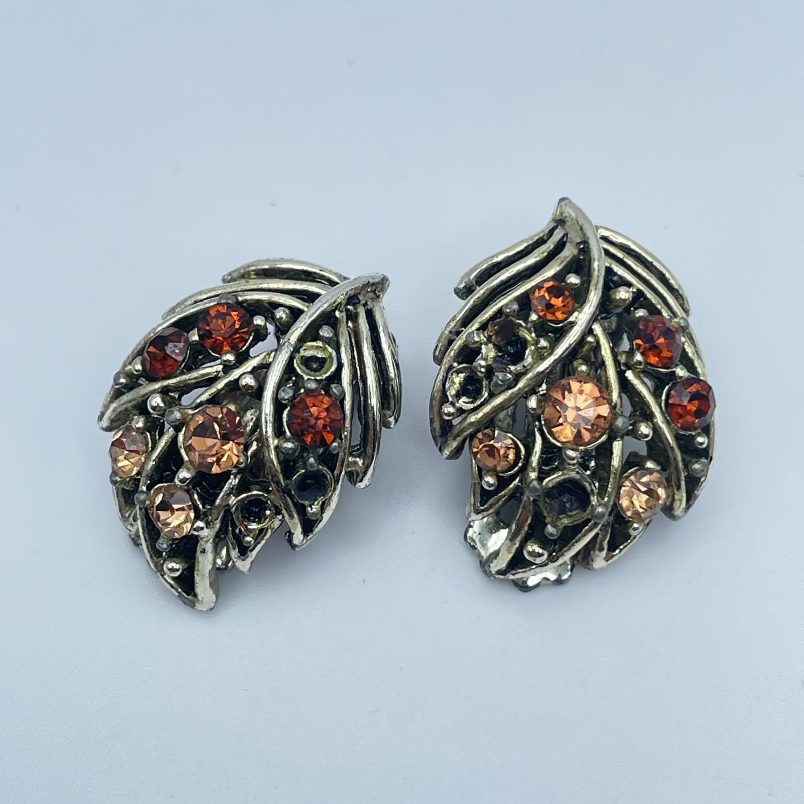 Vintage 90s Rhinestone Silver Tone Leaf Earrings Women's Classic Jewelry - Image 1